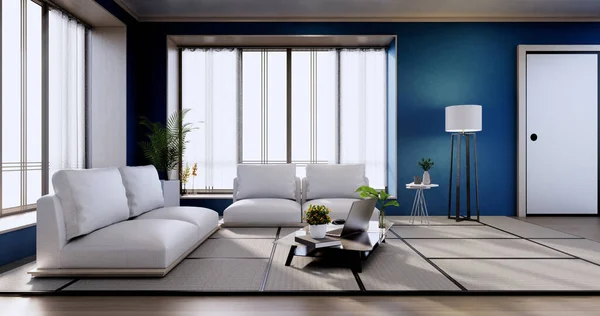 室内设计 蓝色现代客厅日本风格 3D渲染 — 图库照片