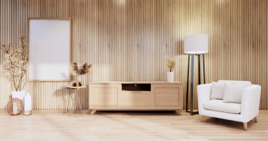 Minimalist - Kabine televizyonu, koltuğu, bitkileri, lambası, dekorasyonu olan modern oda içi.