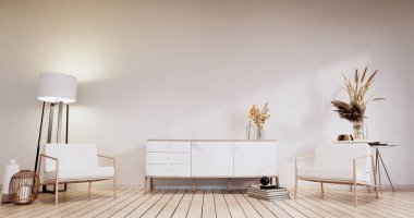 Minimalist - Kabine televizyonu, koltuğu, bitkileri, lambası, dekorasyonu olan modern oda içi.