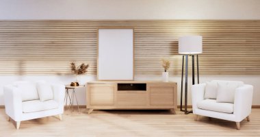 Minimalist - Kabine televizyonu, koltuğu, bitkileri, lambası, dekorasyonu olan modern oda içi.