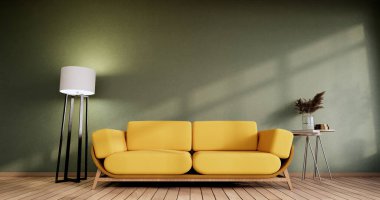 Minimalist iç mekan, sarı kanepe mobilya ve bitkiler, yeşil modern oda dizayn 3D