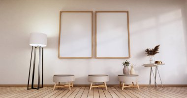 Boş oda, ahşap döşemede beyaz duvar ve dekorasyon tesisleri. 3B görüntüleme