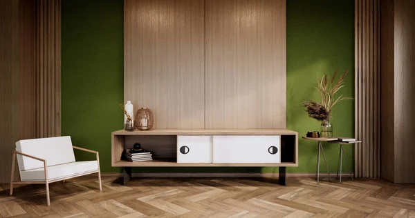 Minimalista Moderno Interior Sala Verde Com Armário Poltrona Plantas Lâmpada — Fotografia de Stock