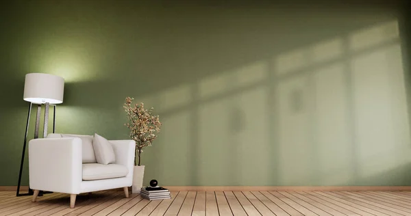 白色扶手椅和装饰植物在一个房间绿色现代简约风格 3D渲染 — 图库照片
