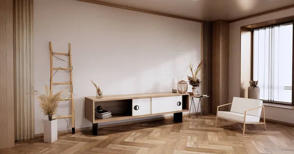 Minimalis Interior Ruangan Modern Dengan Kabinet Dan Kursi Berlengan Tanaman — Stok Foto