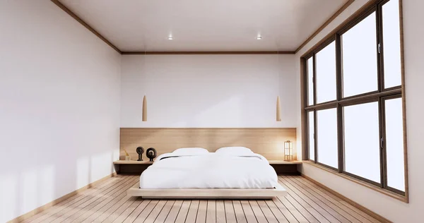 日本の寝室で禅ベッドの植物や装飾品とインテリアモックアップ 3Dレンダリング — ストック写真