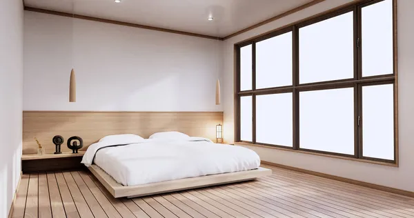 Maqueta Interior Con Zen Planta Cama Decoarción Dormitorio Japonés Renderizado — Foto de Stock