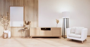 Minimalist - Kabine televizyonu, koltuğu, bitkileri, lambası, dekorasyonu olan modern oda içi.