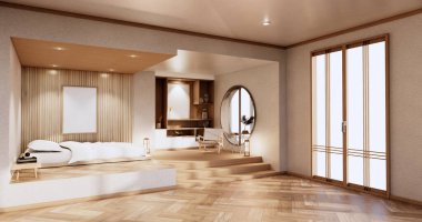 Minimalist iç mekan, Japon yatak odasındaki zen yatak bitkisi ve dekoarsyon ile modellenir. 3B görüntüleme.