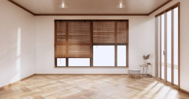 Beyaz arka planda ahşap zemin olan boş bir oda. 3B görüntüleme