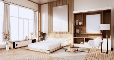 Minimalist stil modern ahşap odanın içi rahat bir yatak 3D.