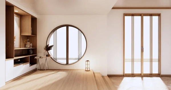 Kabinet Dřevěný Japonský Design Obývacím Pokoji Minimalistický Prázdné Stěny Pozadí — Stock fotografie
