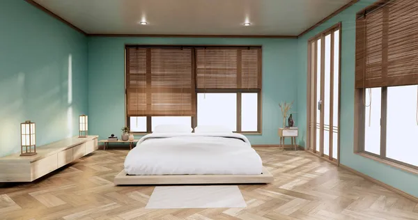 Minimalist Stil Modern Ahşap Odanın Içi Rahat Bir Yatak — Stok fotoğraf