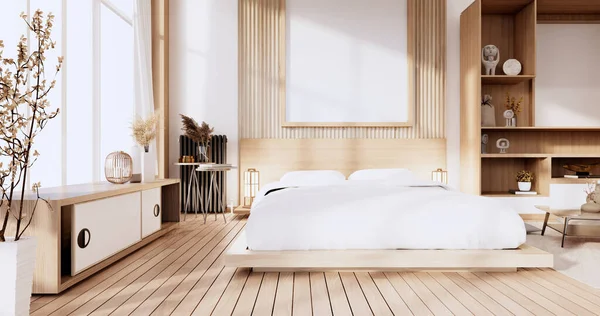 Minimalist Stil Modern Ahşap Odanın Içi Rahat Bir Yatak — Stok fotoğraf