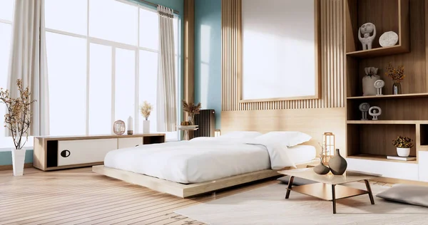 Minimalist Stil Nane Modern Ahşap Oda Rahat Bir Yatak Işlemeli — Stok fotoğraf