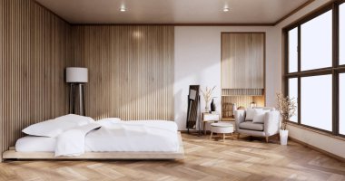 İç mekan, Japon yatak odasındaki zen yatak bitkisi ve sahte dekoarasyon ile modellenir. 3B görüntüleme.