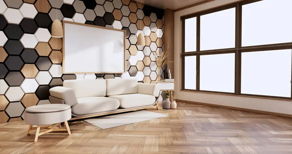 沙发和装饰工厂 六边形瓷砖木制 墙上黑色现代房间简约 3D渲染 — 图库照片