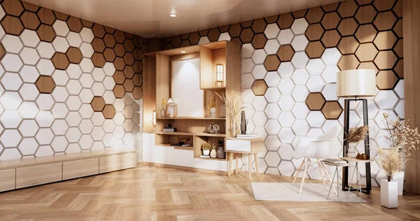 Mueble Habitación Moderna Con Pared Hexágono Diseño Minimalista Renderizado —  Fotos de Stock