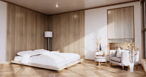 日本の寝室で禅ベッドの植物や装飾品とインテリアモックアップ 3Dレンダリング — ストック写真