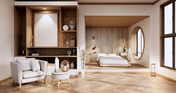 Interior Mock Zen Bed Plant Decoartion Japanese Bedroom Rendering — Stock Photo, Image