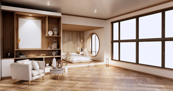 Interior Mock Com Planta Cama Zen Decoartion Quarto Japonês Renderização — Fotografia de Stock