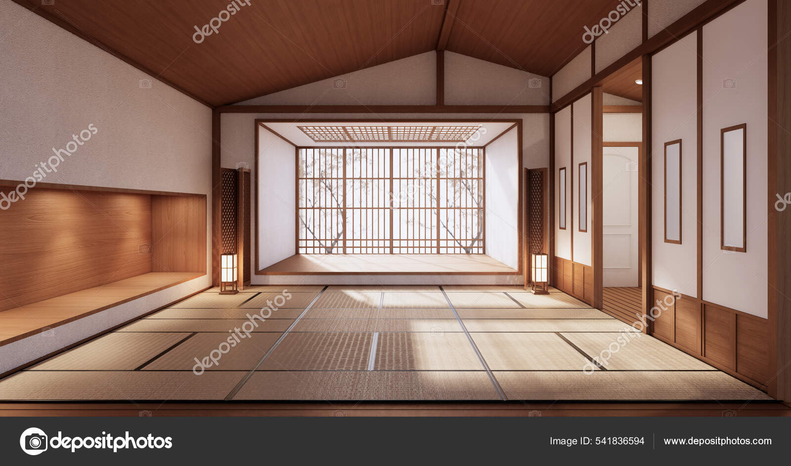 Interior Habitación Vacía Tatami Alfombra Piso Habitación Estilo Japonés  Renderizado: fotografía de stock © Minny0012011@gmail.com #541836594