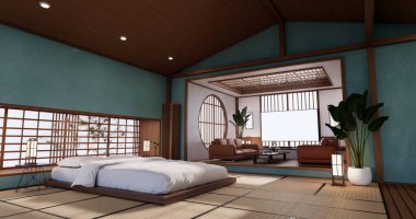 Yatak odası nane rengi, Japon stili 3D tasarım.