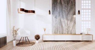 Dairenin içindeki televizyon dolabı beyaz tuğla duvar odası minimal tasarımları, 3D görüntüleme