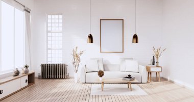 Ahşap zeminde beyaz duvarlı çatı katı tarzı ve halı 3D döşemeli koltuk.