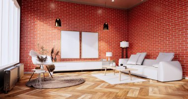 Oturma odasının içinde duvar desenli tuğla duvar var. 3d oluşturma
