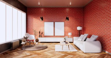 Oturma odasının içinde duvar desenli tuğla duvar var. 3d oluşturma