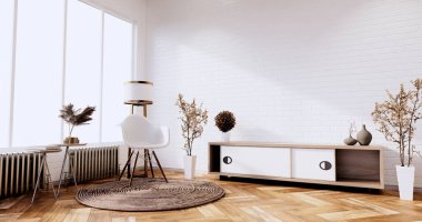 Dairenin içindeki televizyon dolabı beyaz tuğla duvar odası minimal tasarımları, 3D görüntüleme