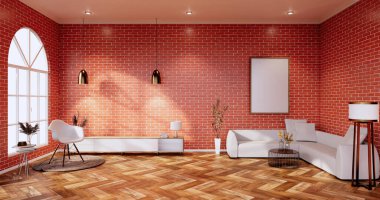 Oturma odasının içinde duvar desenli tuğla duvar var. 3d oluşturma