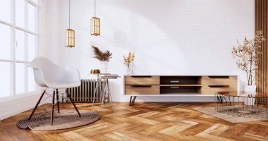 Dairenin içindeki televizyon dolabı beyaz tuğla duvar odası minimal tasarımları, 3D görüntüleme