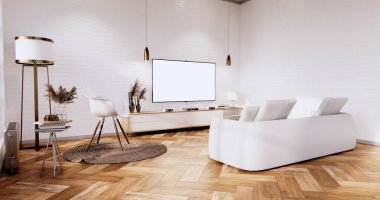 Ahşap zeminde beyaz duvarlı çatı katı tarzı ve halı 3D döşemeli koltuk.