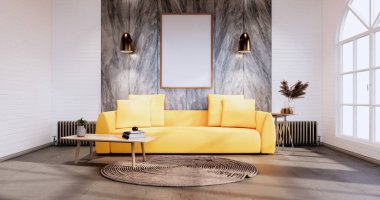 Ahşap zeminde beyaz duvarlı çatı katı tarzı ve halı 3D döşemeli koltuk.