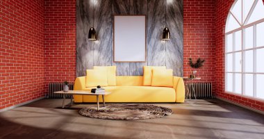 Oturma odasının içinde duvar desenli tuğla duvar var. 3d oluşturma
