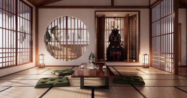 Tatami paspas döşemeli ve beyaz duvar 3D işlemeli tropikal oda içindeki Japon kanepesi.