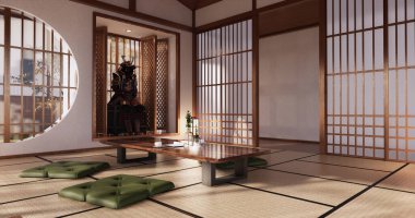 Tatami paspas döşemeli ve beyaz duvar 3D işlemeli tropikal oda içindeki Japon kanepesi.
