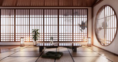 Tatami paspas döşemeli ve beyaz duvar 3D işlemeli tropikal oda içindeki Japon kanepesi.