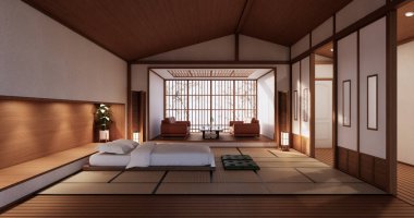 Modern Zen yatağı ve Japon yatak odasındaki decoartion bitkileri. 3B görüntüleme.