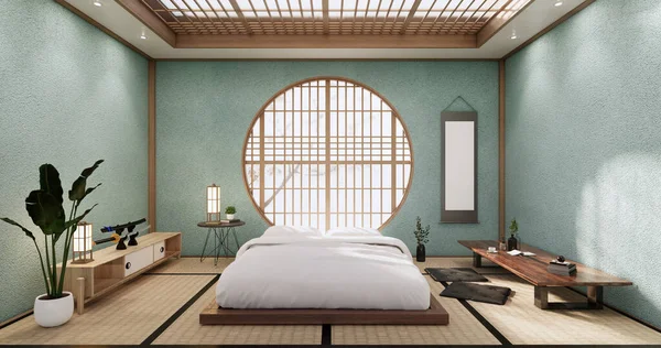 Yatak Odası Nane Rengi Japon Stili Tasarım — Stok fotoğraf