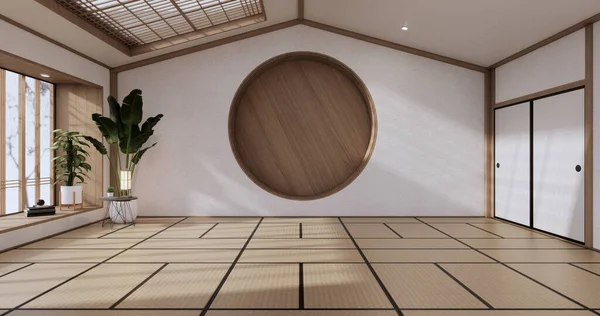 Projeto Parede Prateleira Círculo Sala Vazia Deisgn Japonês Com Piso — Fotografia de Stock