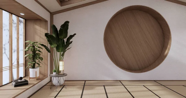 Дизайн Полки Круга Пустая Комната Японский Deisgn Покрытием Татами Рендеринг — стоковое фото