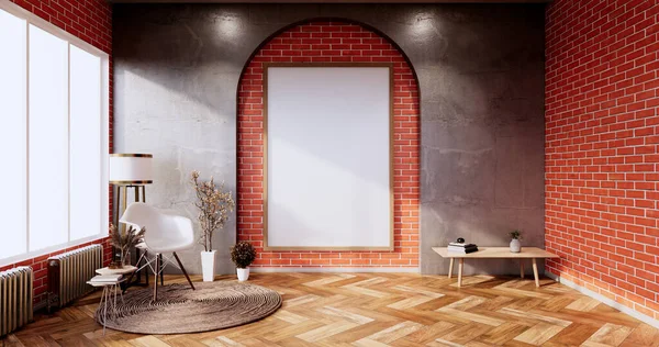 壁のパターンレンガの壁とリビングルームロフトインテリア 3Dレンダリング — ストック写真
