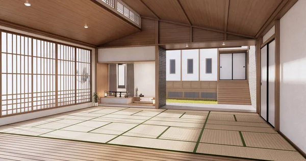 Interior Habitación Vacía Tatami Alfombra Piso Habitación Estilo Japonés Renderizado —  Fotos de Stock