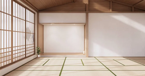 Interni Camera Vuota Tatami Stuoia Stanza Pavimento Stile Giapponese Rendering — Foto Stock
