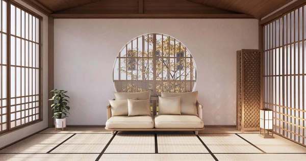 Καναπές Ιαπωνικά Στο Δωμάτιο Τροπικό Εσωτερικό Tatami Δάπεδο Και Λευκό — Φωτογραφία Αρχείου