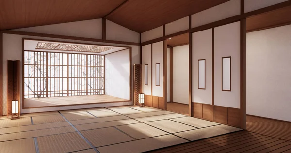 Εσωτερικό Άδειο Δωμάτιο Και Tatami Mat Δωμάτιο Ιαπωνικό Στυλ Απόδοση — Φωτογραφία Αρχείου