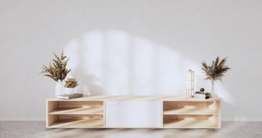 Beyaz oda, ahşap dizayn, modern tarz 3D tasarım.